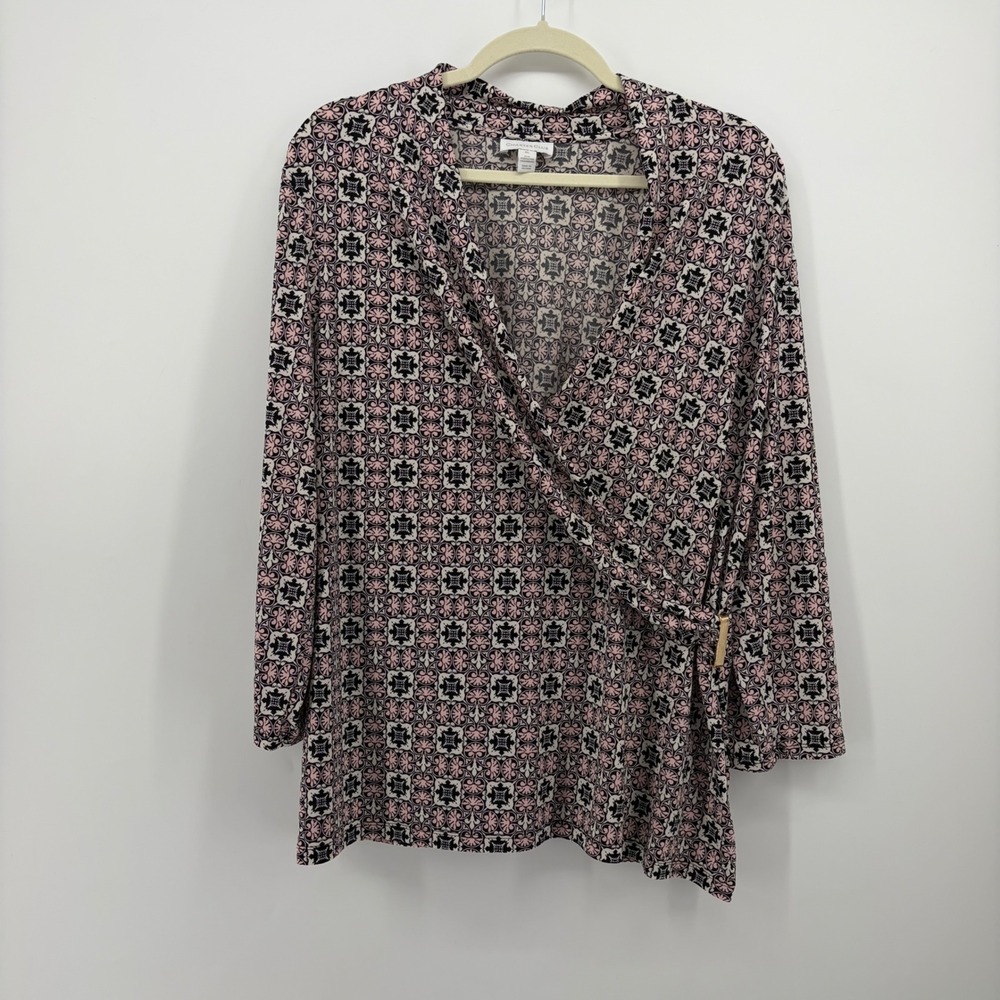 Charter Club Womens XL Pink Black Geometric Wrap Top Long Sleeve V-Neck Blouse